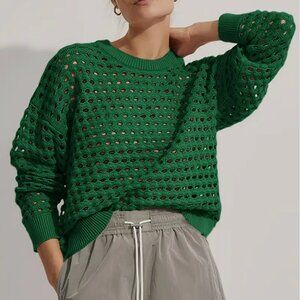 Oversized Green Crochet Crew Neck Sweater | 100% Cotton | Hollow Out Knit
